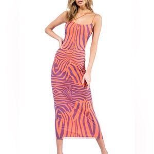 AFRM Analena One-shoulder Zebra Print Mesh Midi dress medium Orange Purple
